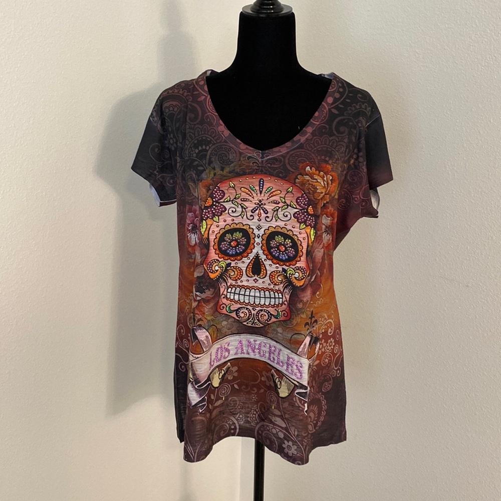 NWT Sweet Gisele Floral Sugar Skull “Los Angeles” Short Sleeve Tee Size XL